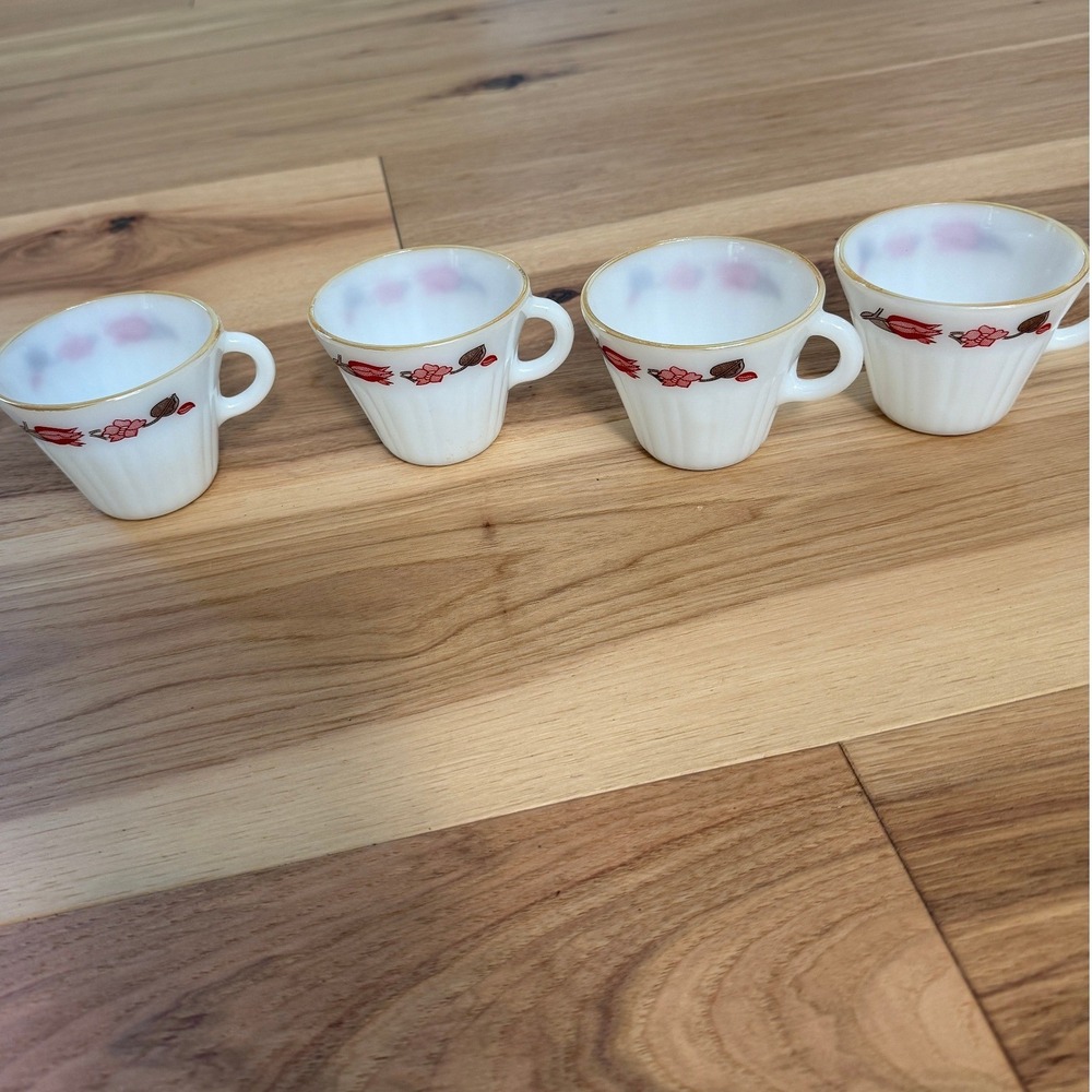 Termocrisa Milk Glass Mugs Set 4 White Red Floral Gold Rim 1960s MCM Cottagecore